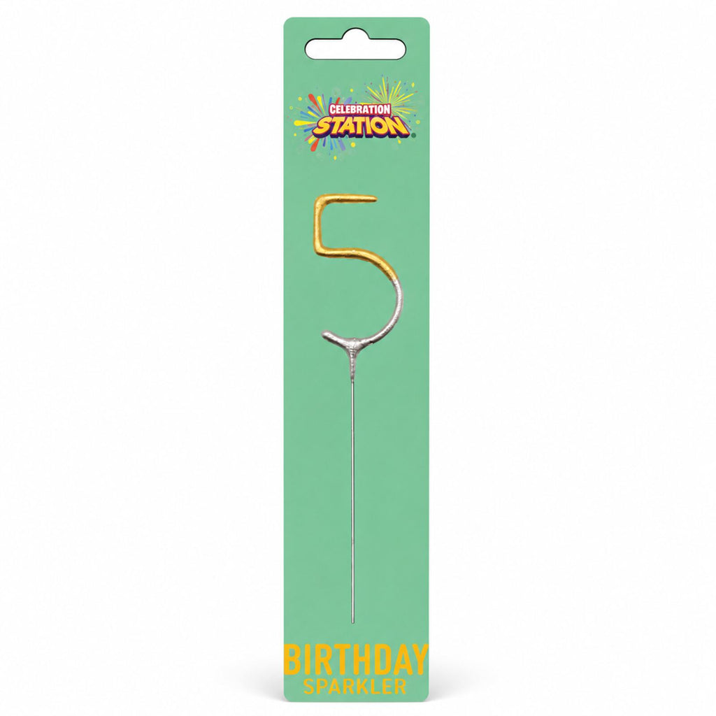 Celebration Station number 5 gold and silver birthday sparkler in retail packaging