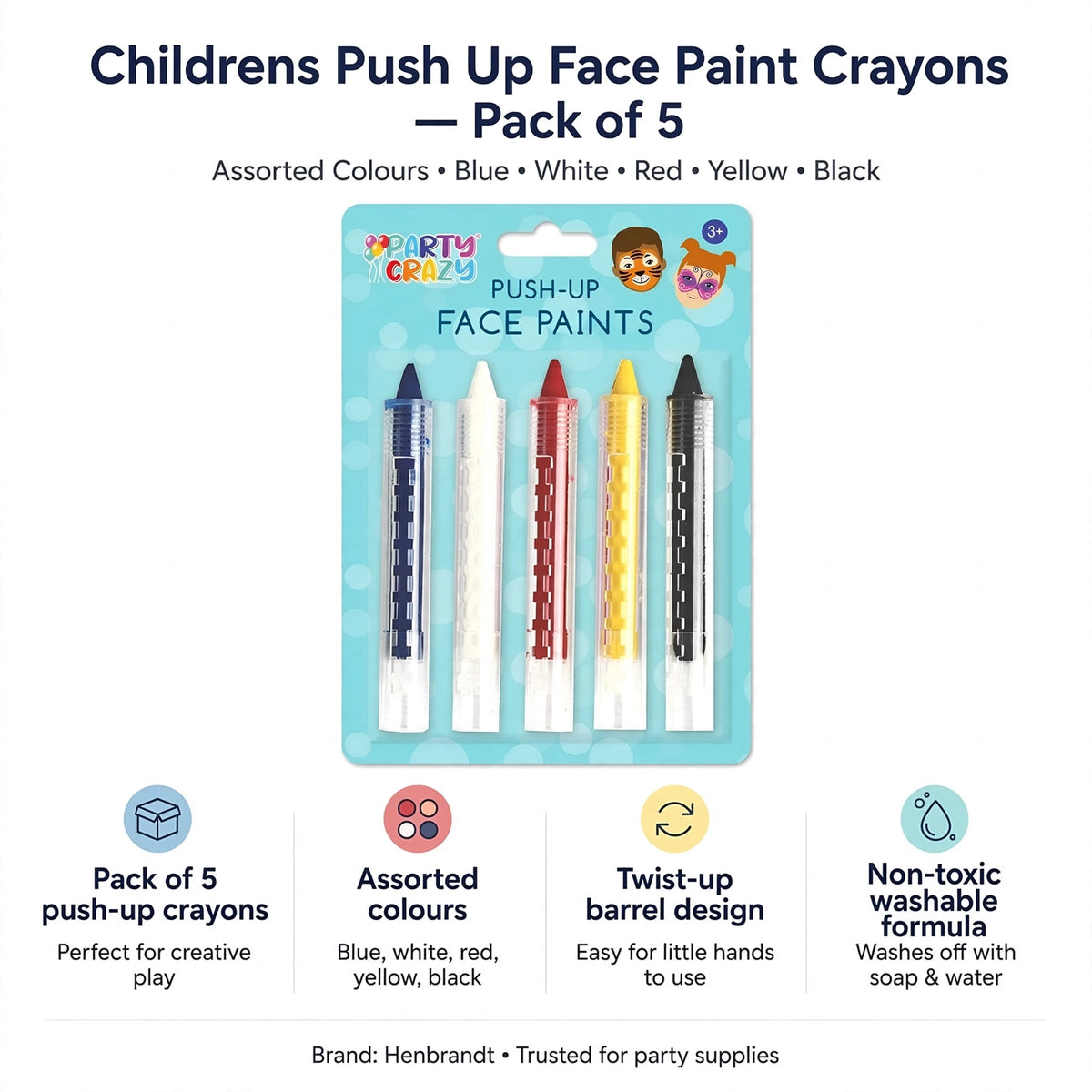 Infographic showing pack of 5 crayons with twist-up barrel and non-toxic washable formula