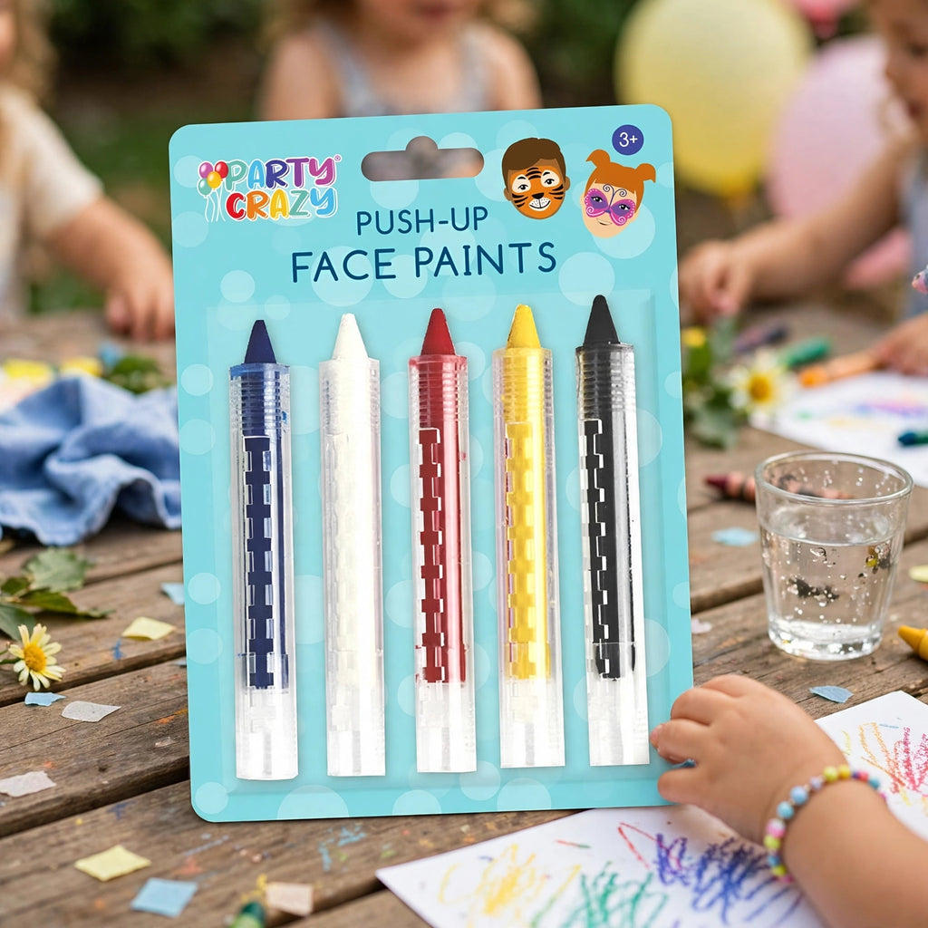 Children using Henbrandt push up face paint crayons for creative face painting at a party
