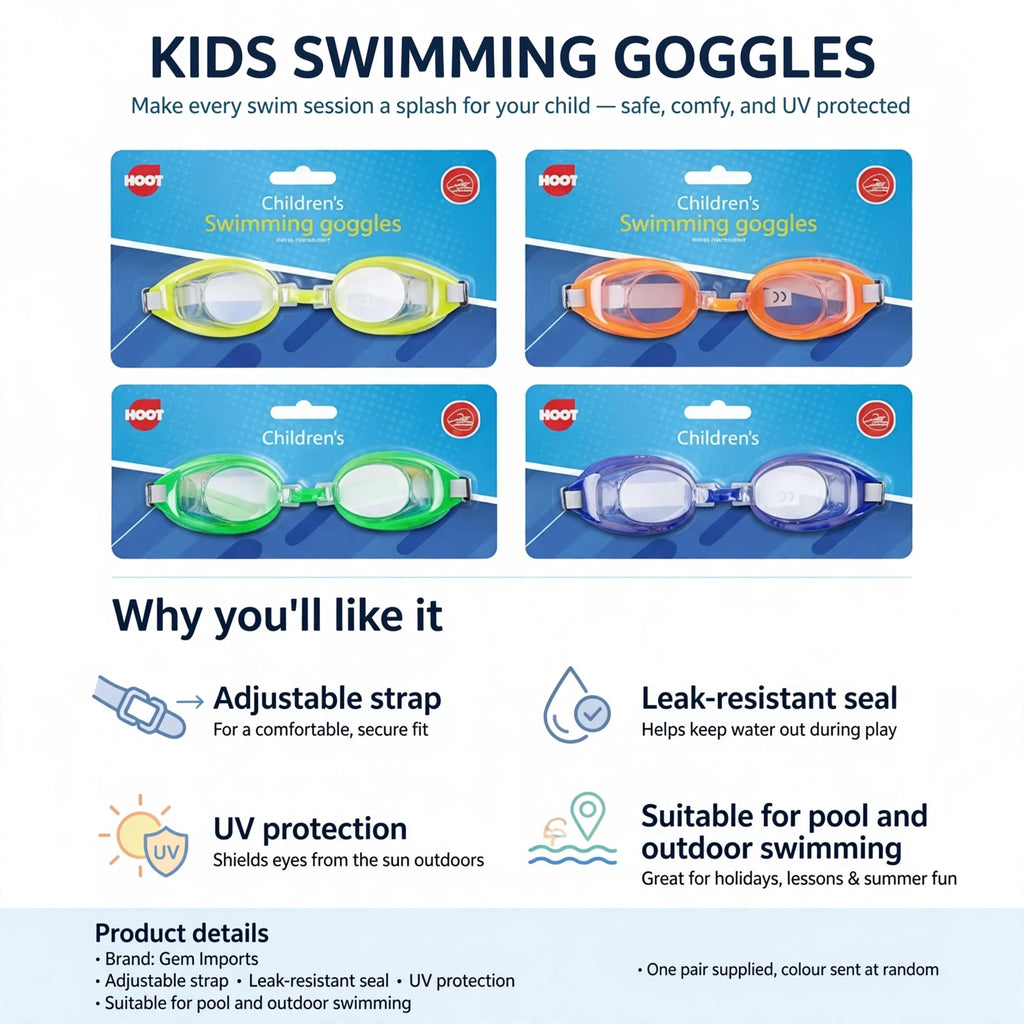 Infographic showing adjustable strap, leak-resistant seal, and UV protection features of Kids Swimming Goggles