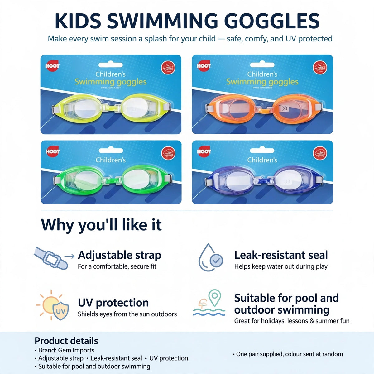 Infographic showing adjustable strap, leak-resistant seal, and UV protection features of Kids Swimming Goggles