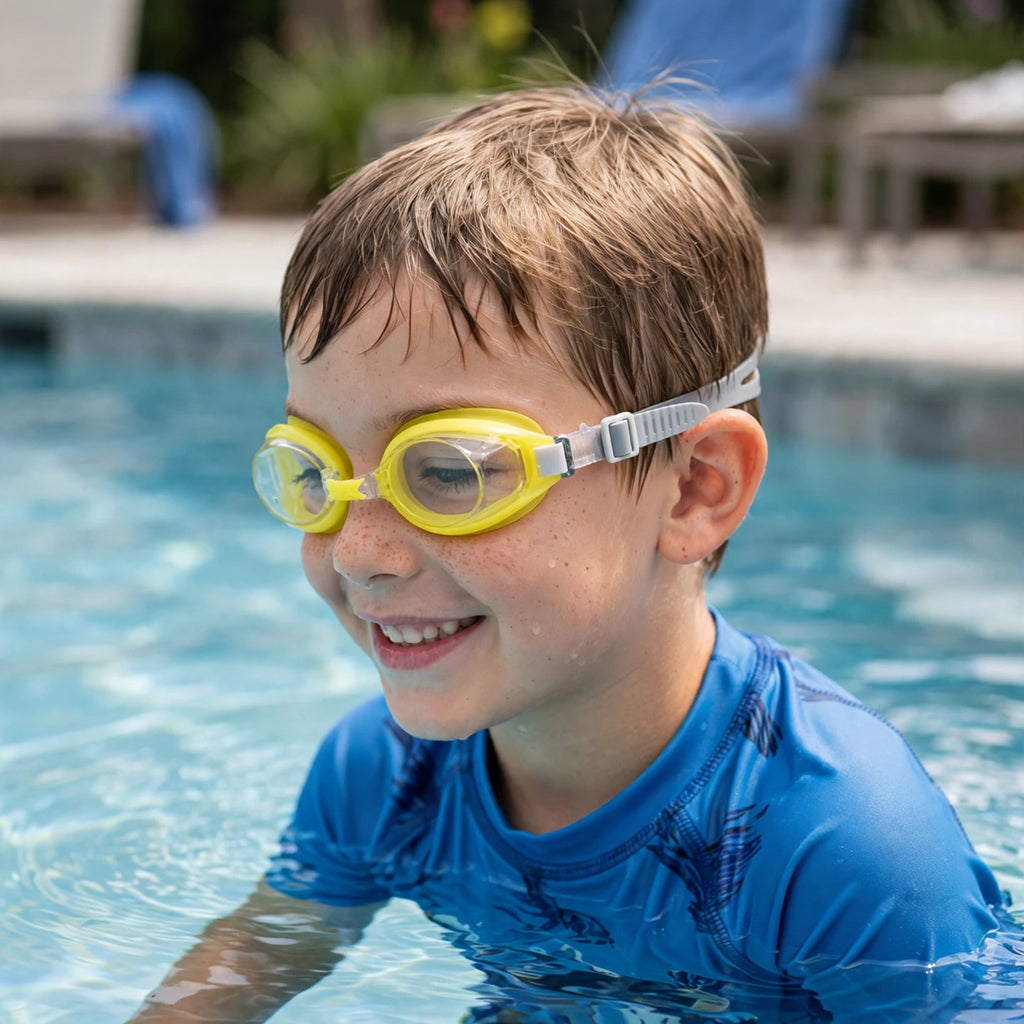 Kids Swimming Goggles worn by a child swimming outdoors