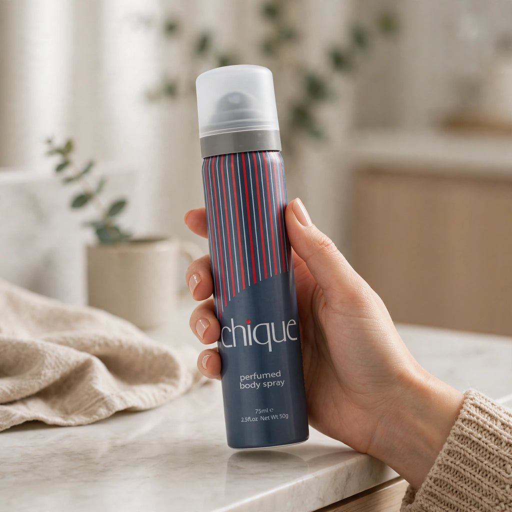 Chique 75ml Perfumed Body Spray shown for refreshing use at home, work, or on the go