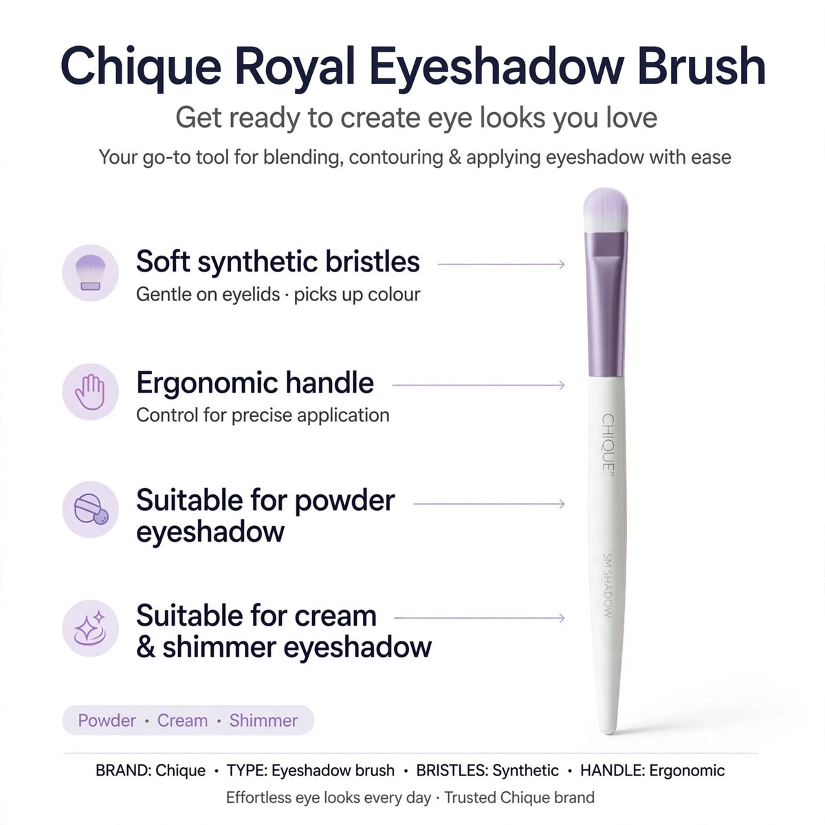Infographic showing soft synthetic bristles and ergonomic handle of Chique Royal Eyeshadow Brush