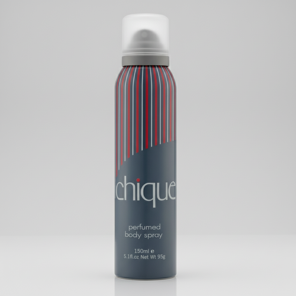 Chique perfumed body spray bottle with striped design on a white background