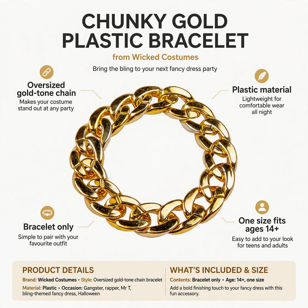 Infographic showing oversized gold-tone chain style and plastic material features