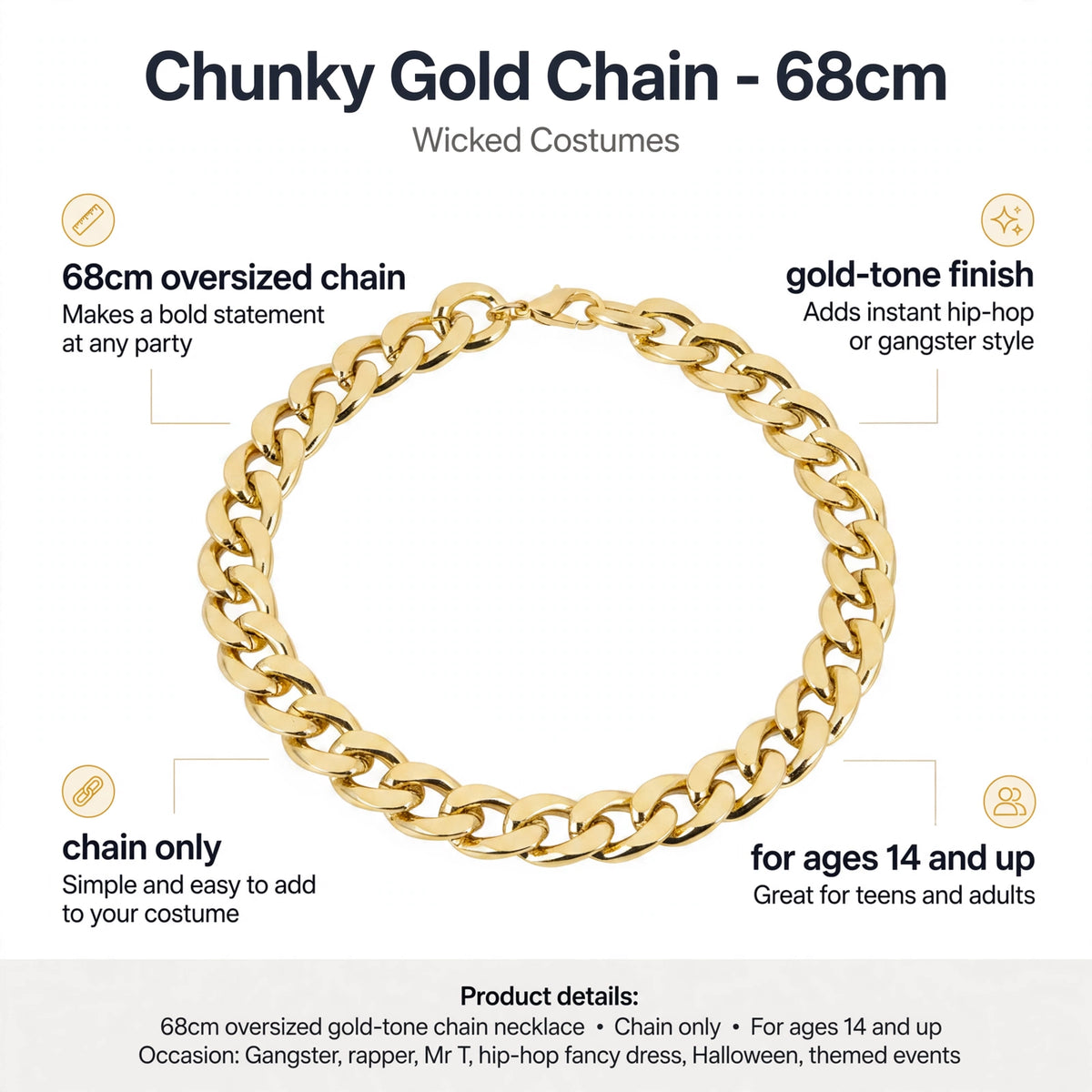 Infographic showing 68cm oversized gold-tone chain necklace features
