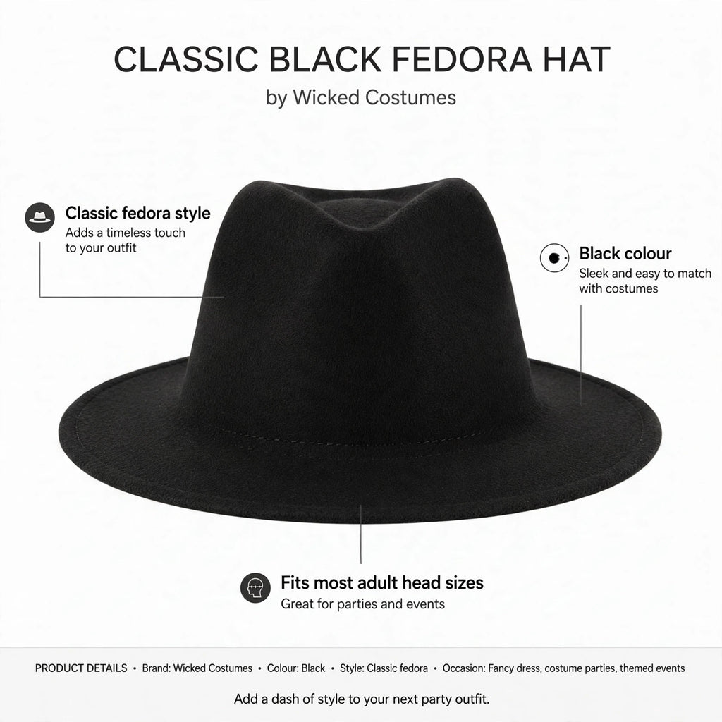 Infographic showing classic fedora style, black colour, fits most adult head sizes