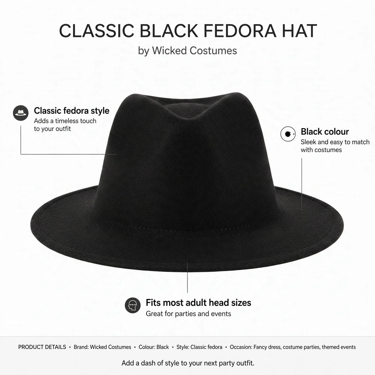 Infographic showing classic fedora style, black colour, fits most adult head sizes