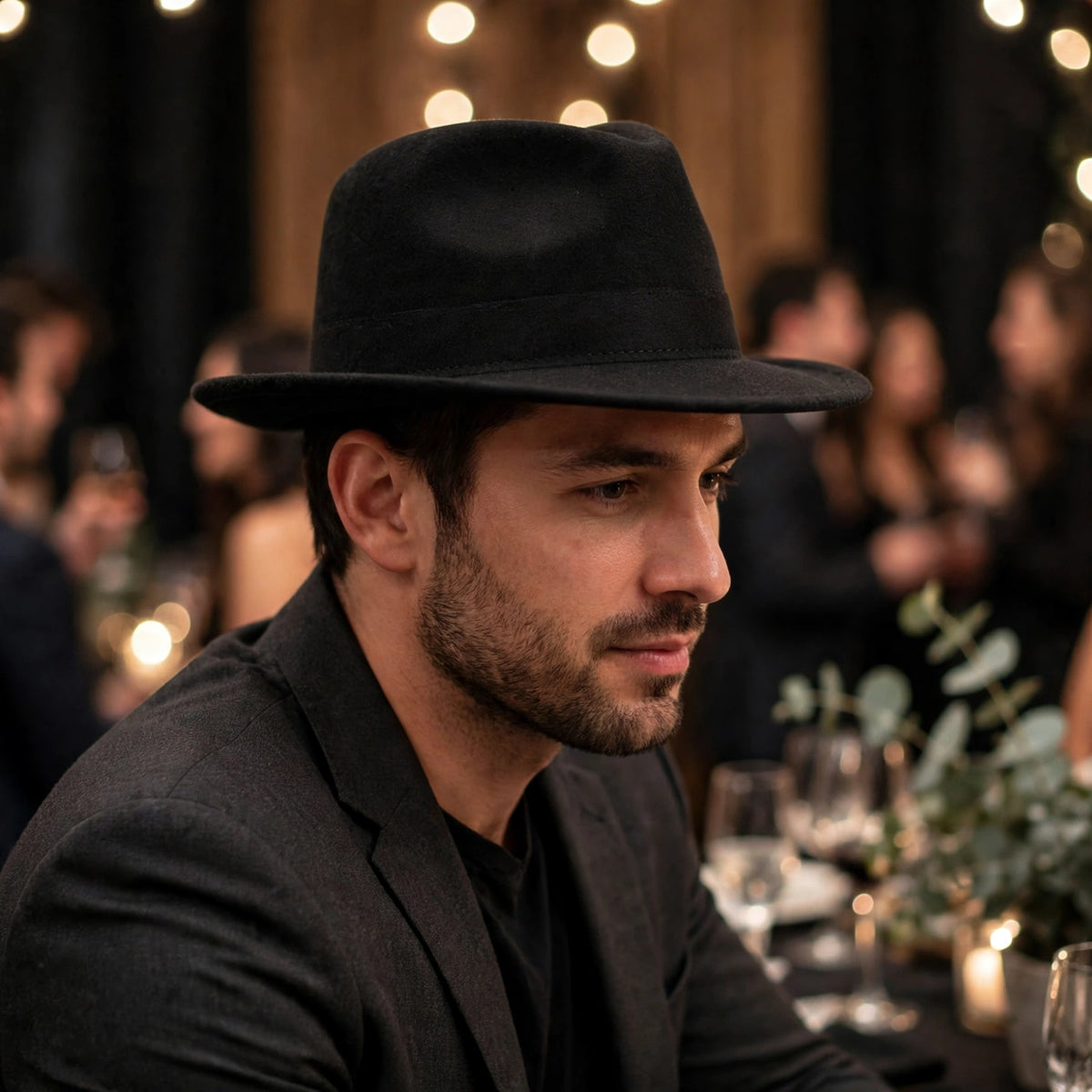 Classic Black Fedora Hat worn as part of a fancy dress costume