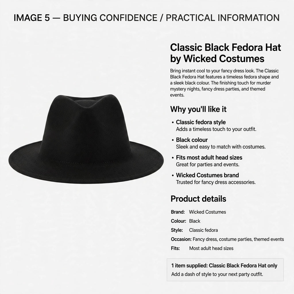 Classic Black Fedora Hat by Wicked Costumes suitable for fancy dress and themed events