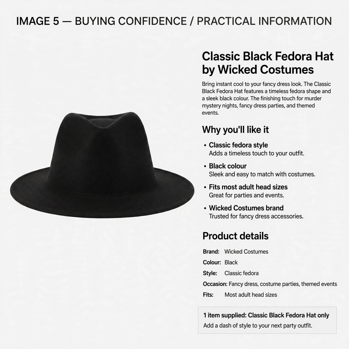 Classic Black Fedora Hat by Wicked Costumes suitable for fancy dress and themed events