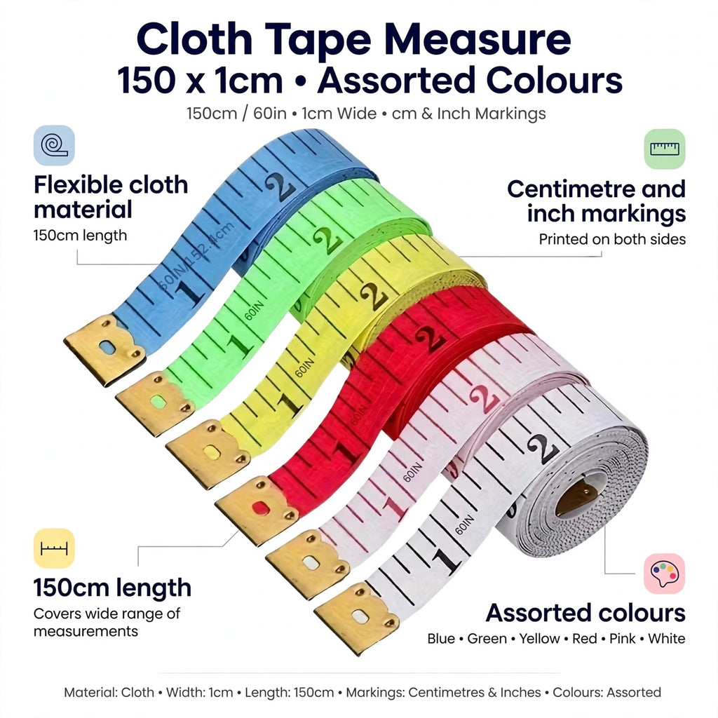Flexible cloth tape measure with 150cm length, 1cm width, centimetre and inch markings on both sides, assorted colours