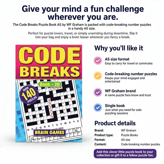 Infographic showing A5 size format and code-breaking number puzzles features
