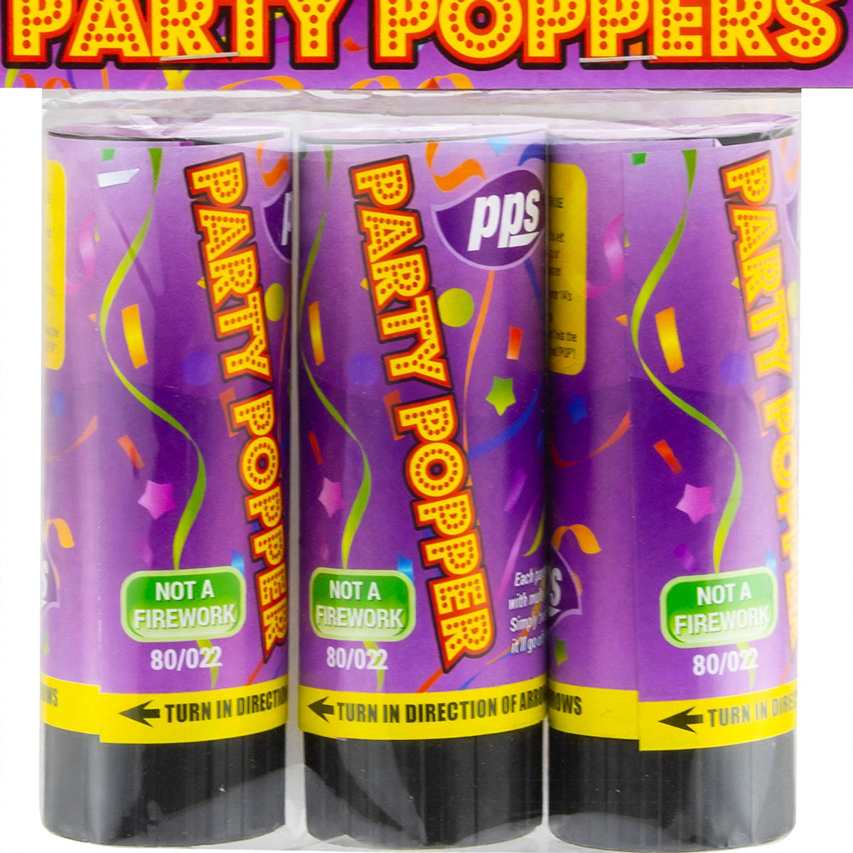 Close-up view of Colour Confetti Cannon Party Popper showing 11cm size and twist mechanism