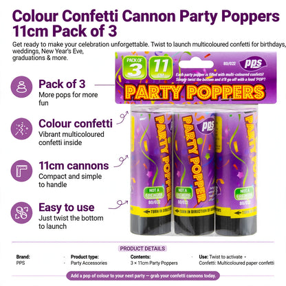 Infographic showing pack of 3, colour confetti, 11cm size, and twist to use features