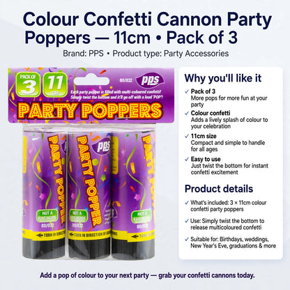 Pack of 3 Colour Confetti Cannon Party Poppers with easy twist use and 11cm size