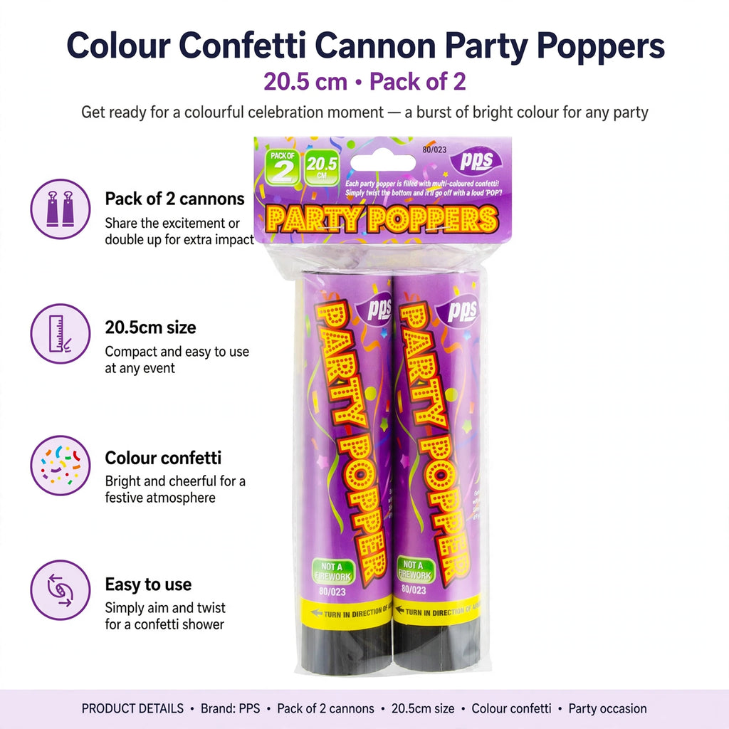 Infographic showing pack of 2 confetti cannons, 20.5cm size, colour confetti, easy to use