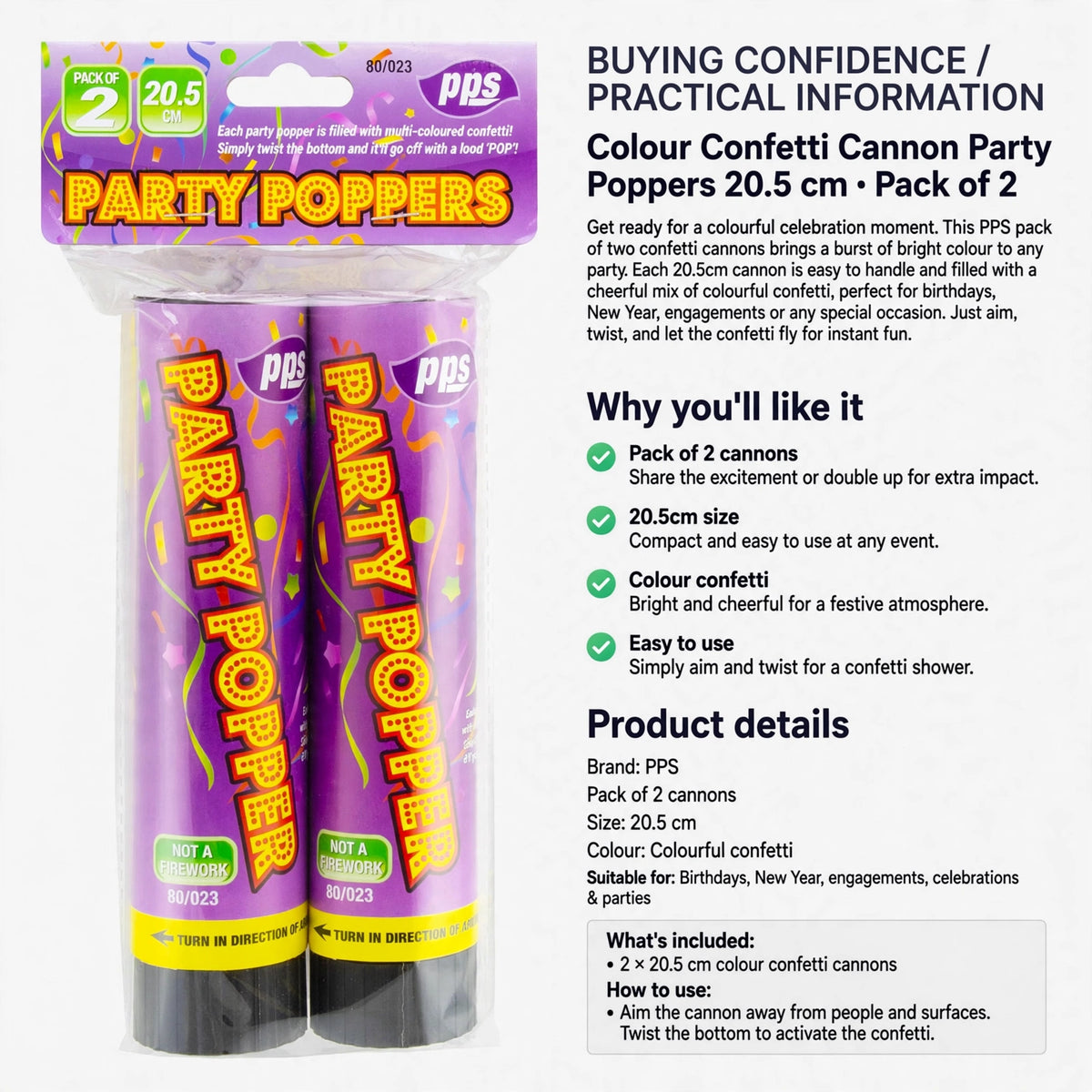 Information about pack of 2, 20.5cm size, colour confetti, and easy to use twist mechanism