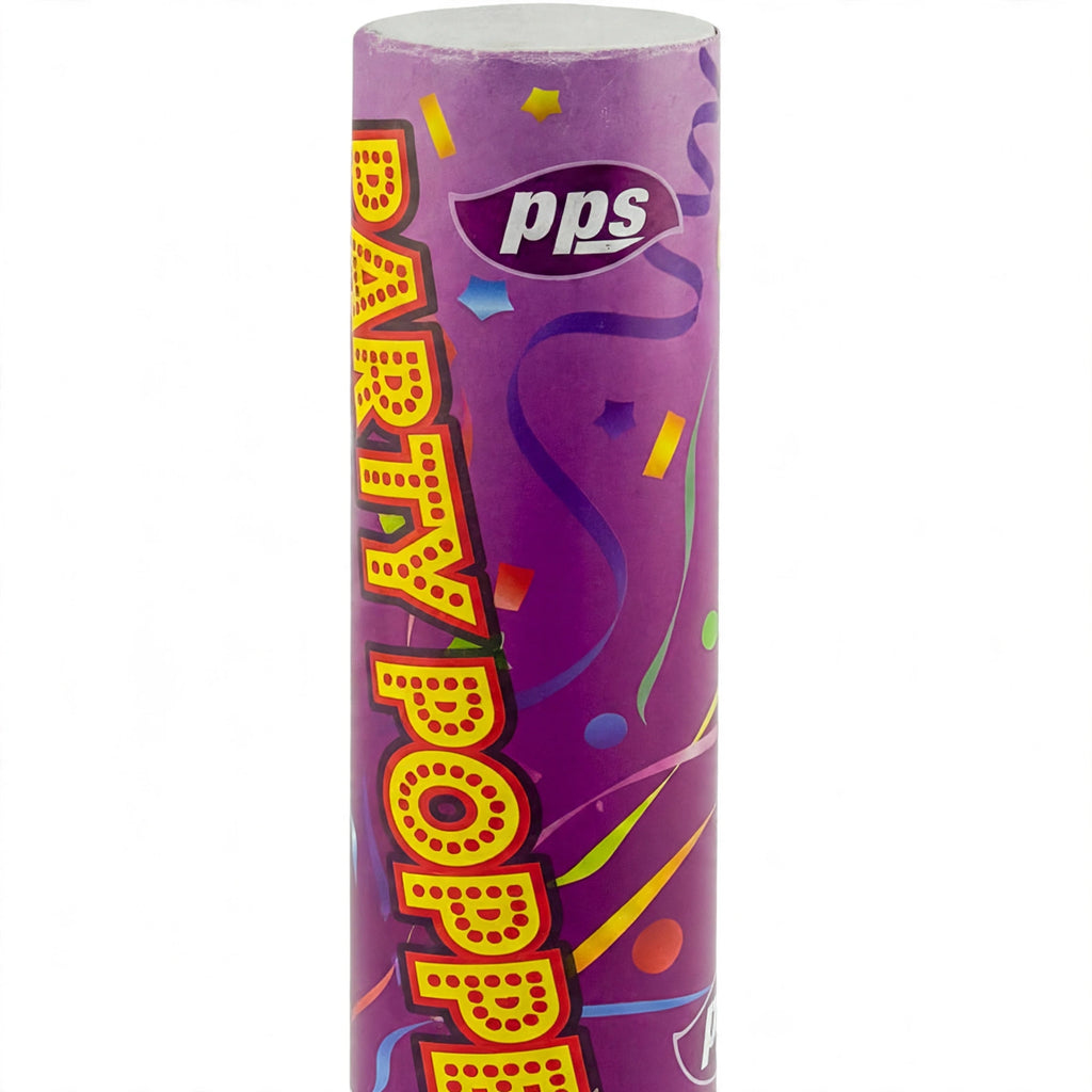 Close-up view of Colour Confetti Cannon Party Popper with multicolour confetti