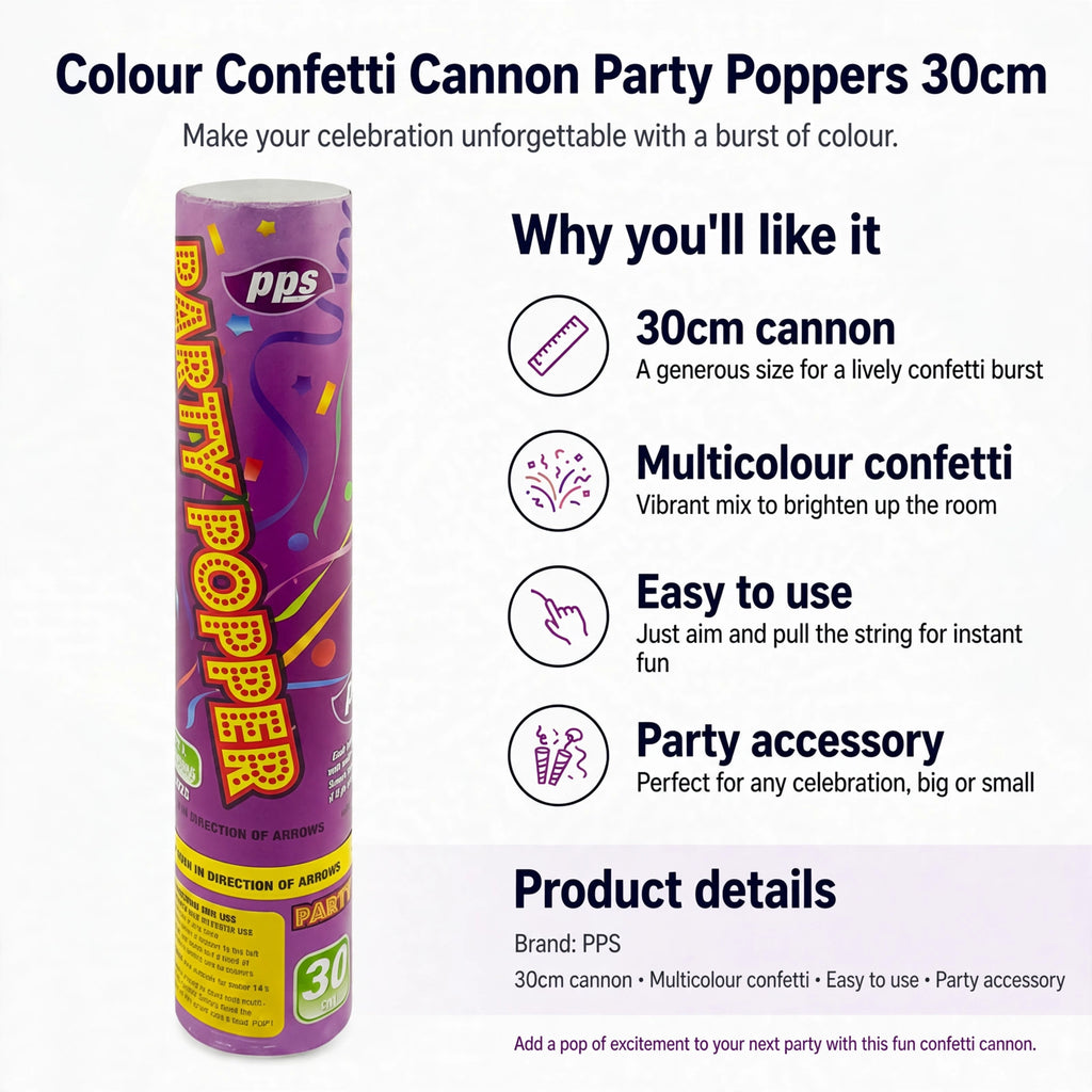 Infographic showing 30cm cannon size, multicolour confetti, and easy to use pull string