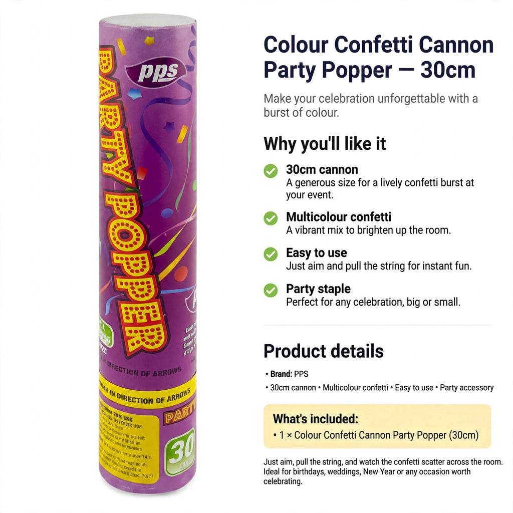 Party popper with 30cm cannon size and easy to use pull string