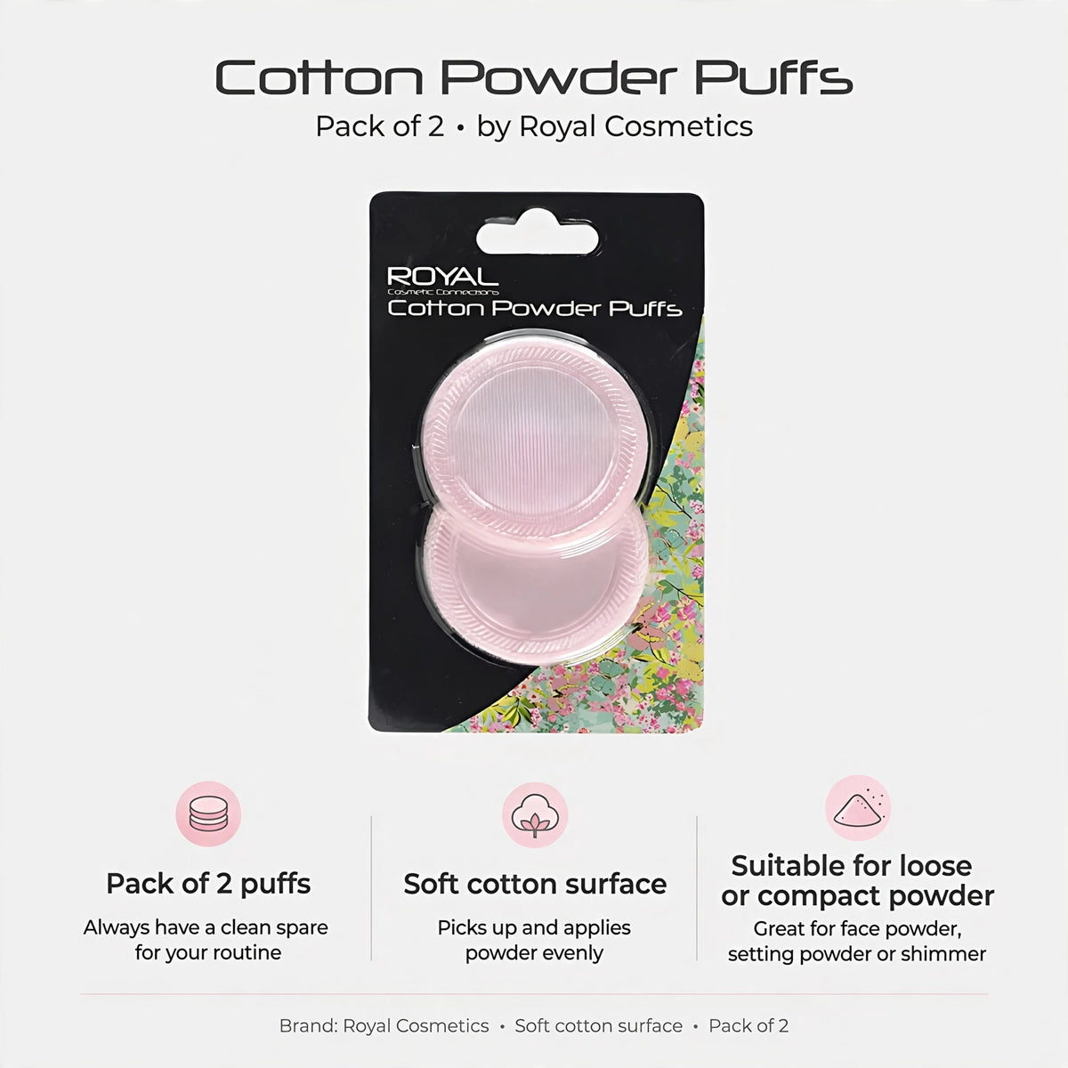 Infographic showing pack of 2 cotton powder puffs with soft cotton surface for even powder application