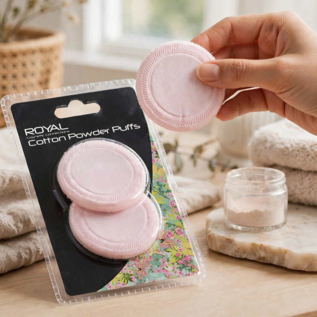 Cotton face powder puffs by Royal Cosmetics displayed for makeup application