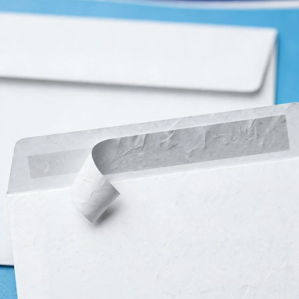 Close-up of County C6 white envelope with peel and seal flap