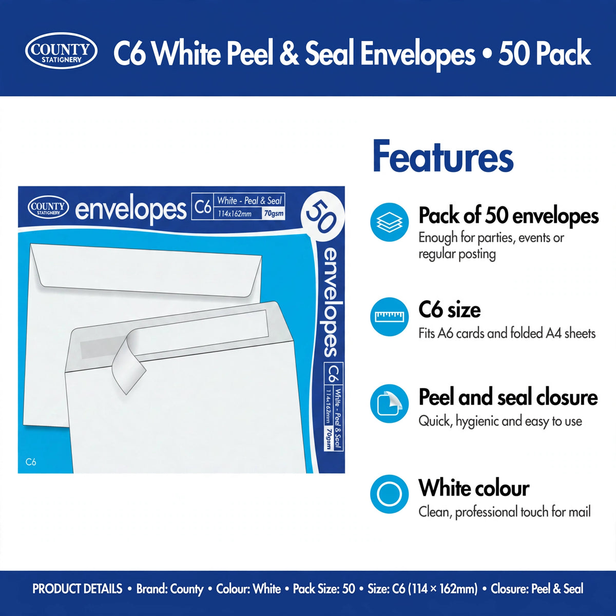 Infographic showing pack of 50 white C6 envelopes with peel and seal closure