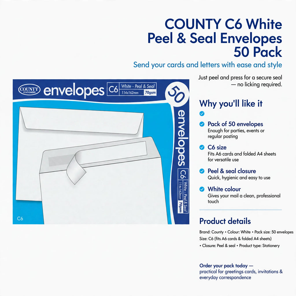 Pack of 50 envelopes with peel and seal closure for easy mailing