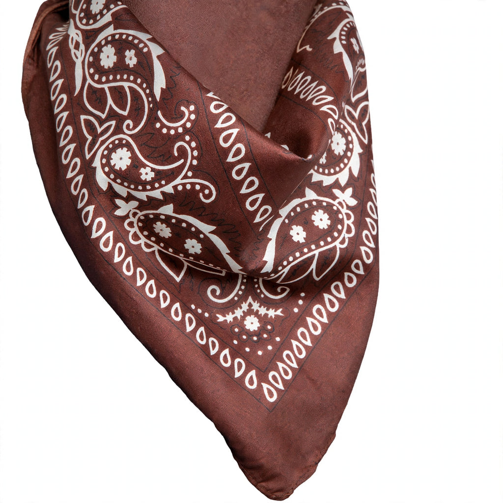 Close-up view of brown and white western print bandana