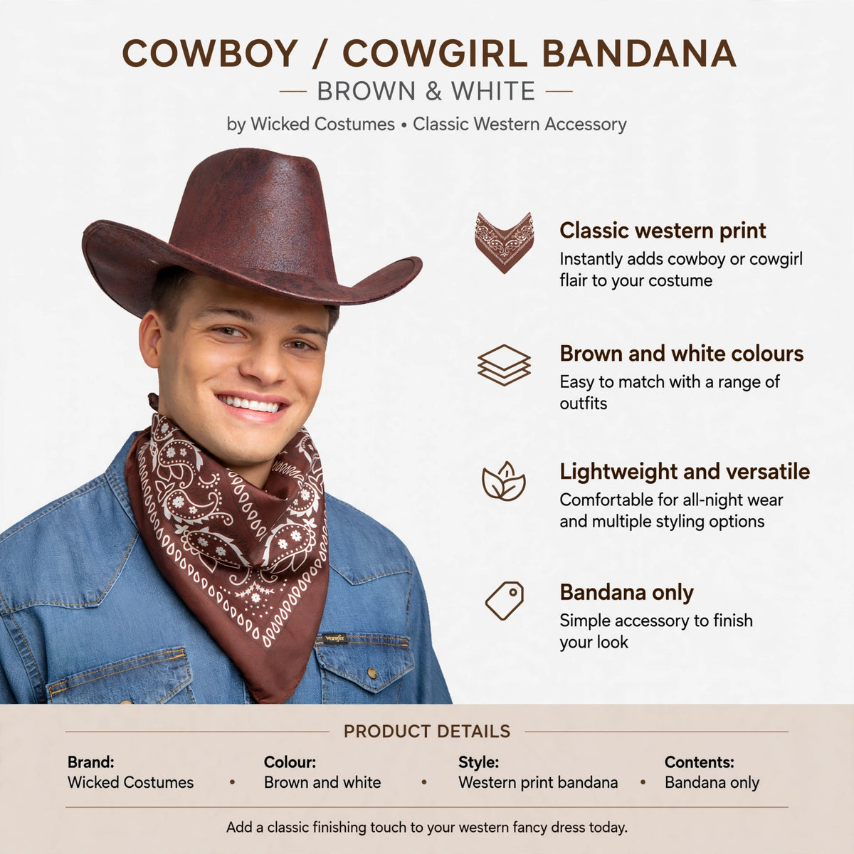 Bandana features classic western print, brown and white colours, lightweight and versatile design