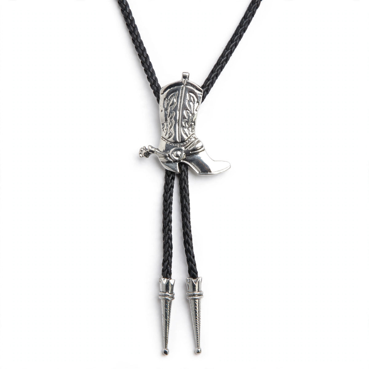 Close-up view of cowboy boot shaped slide on bolo tie