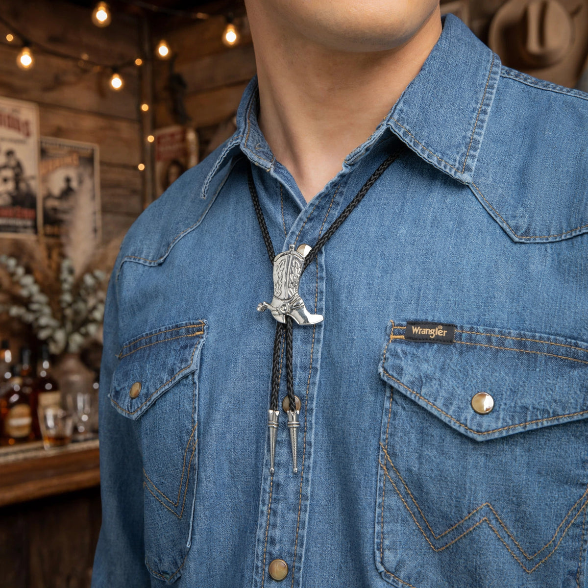 Cowboy Boot Bolo Tie worn with a shirt for western themed events