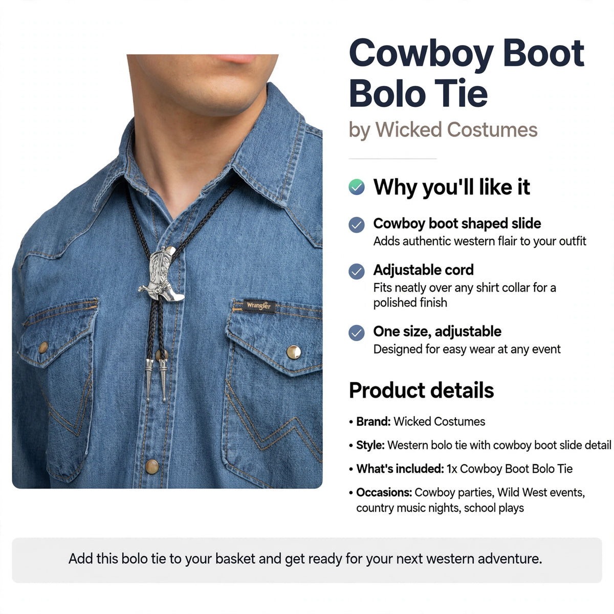 One size adjustable bolo tie designed to fit over any shirt collar