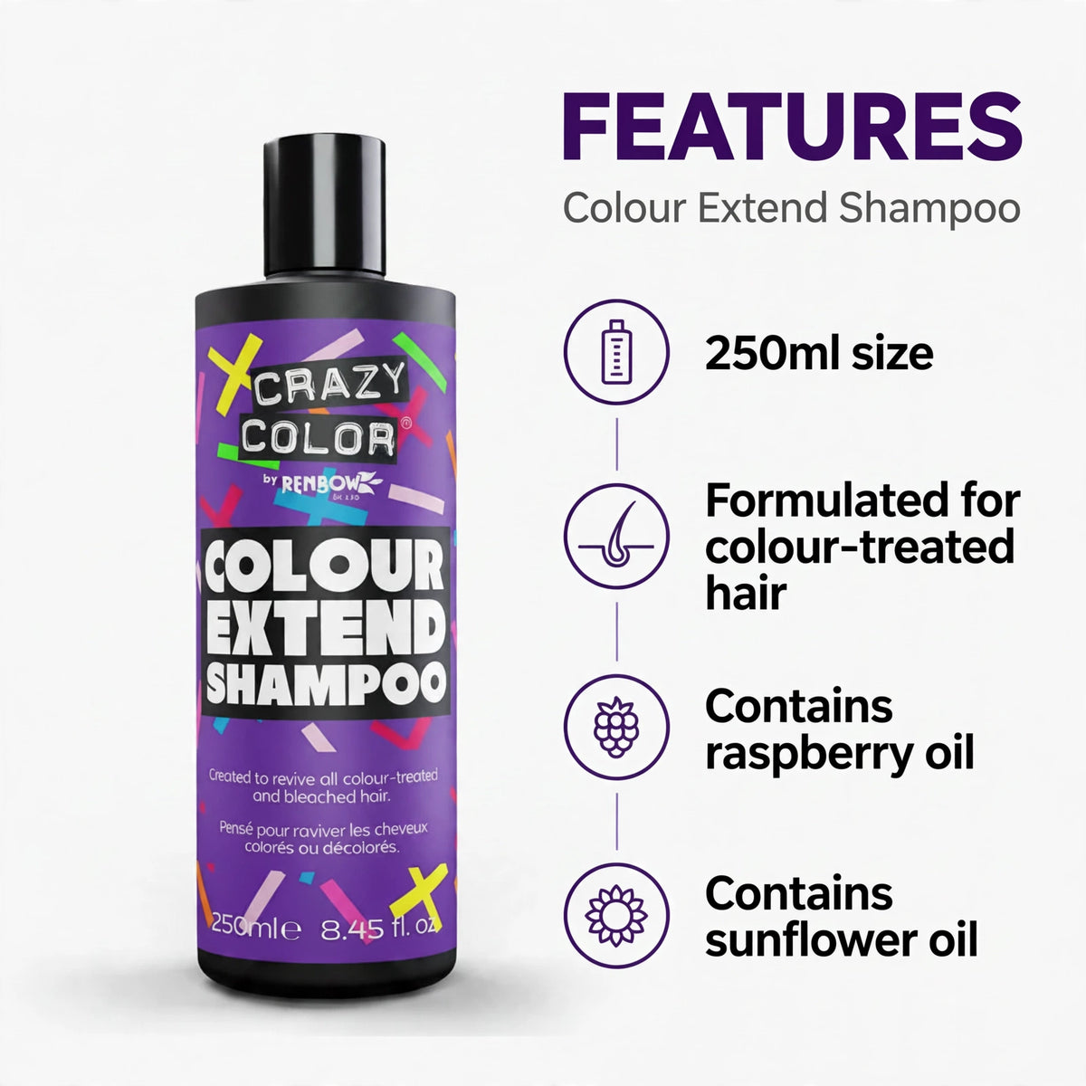 Infographic showing features of Crazy Color Colour Extend Shampoo including key ingredients