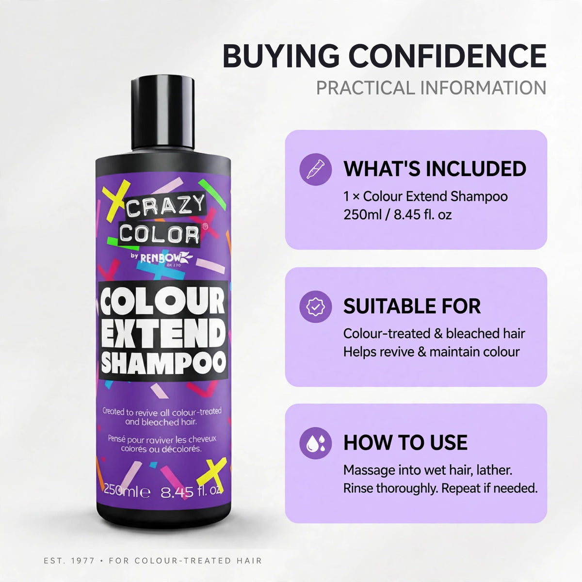 Information image for Crazy Color Colour Extend Shampoo detailing its formulation for maintaining hair colour