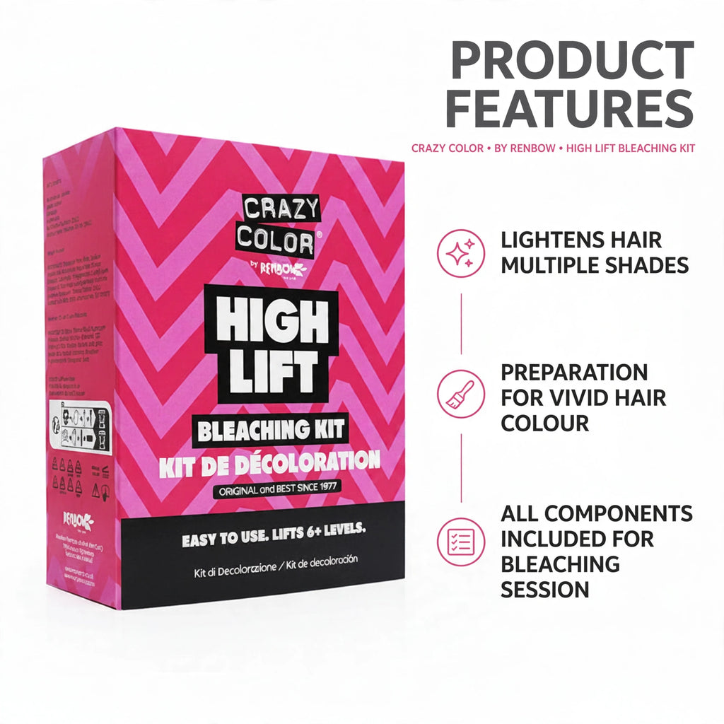 Features of the Crazy Color High Lift Bleaching Kit including lightening capabilities