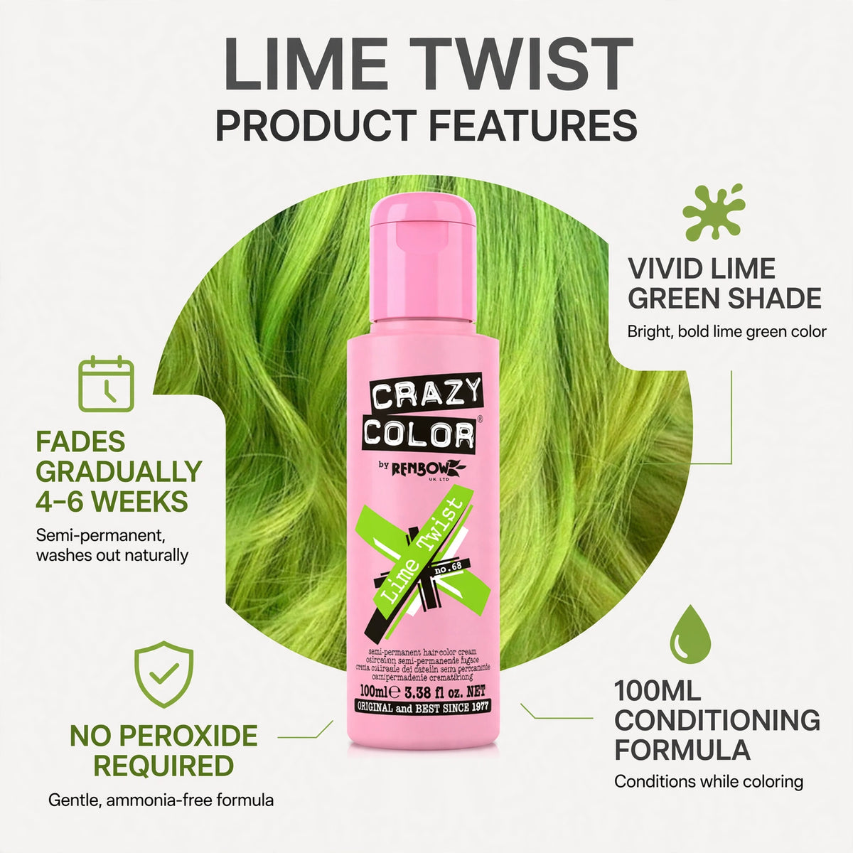 Infographic displaying features of Crazy Color Lime Twist including conditioning formula and fade duration.