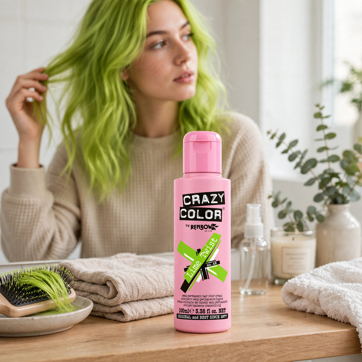 Crazy Color Lime Twist Semi-Permanent Hair Dye applied to pre-lightened hair, showcasing vibrant color.