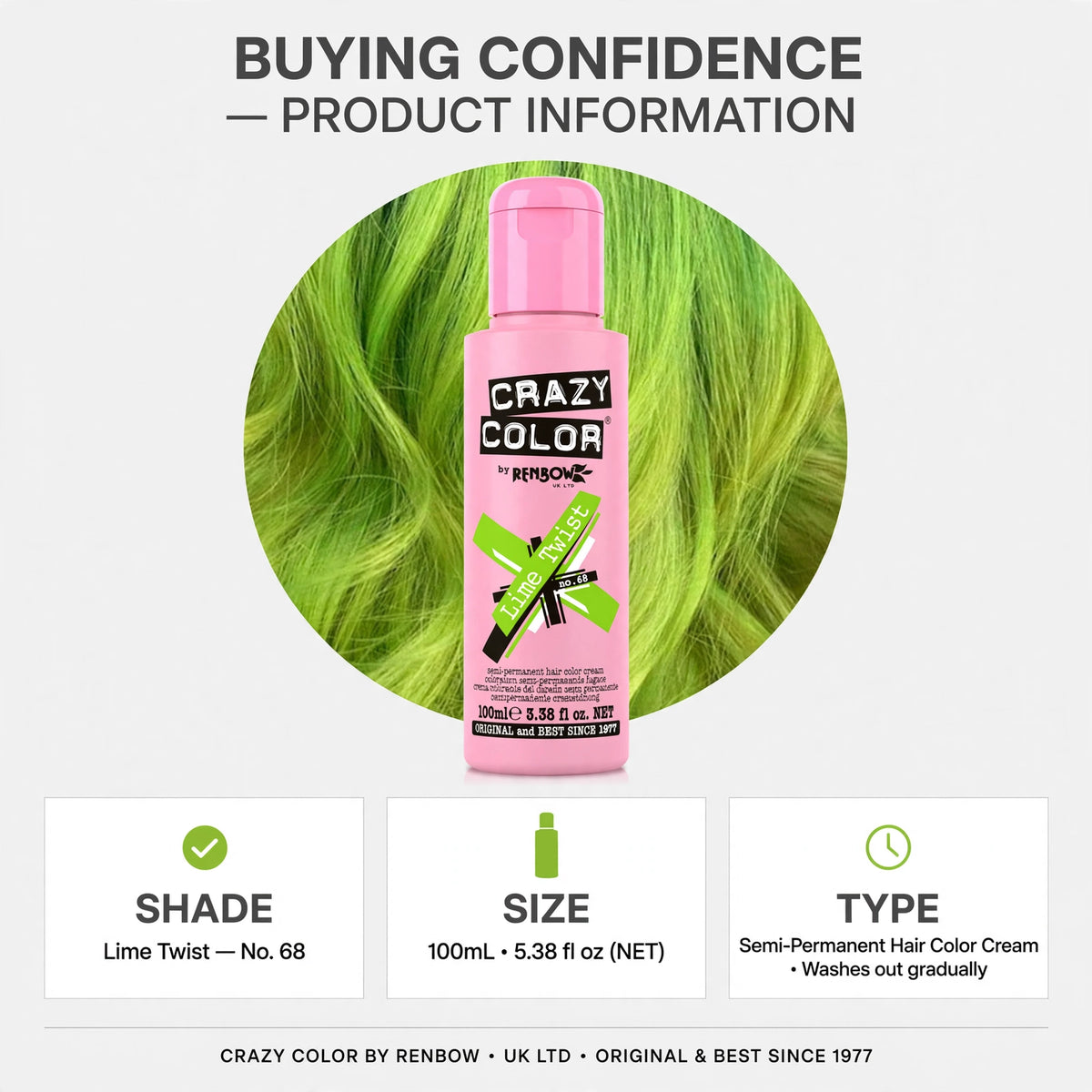 Crazy Color Lime Twist Semi-Permanent Hair Dye with vivid UV-reactive color and gradual fade.