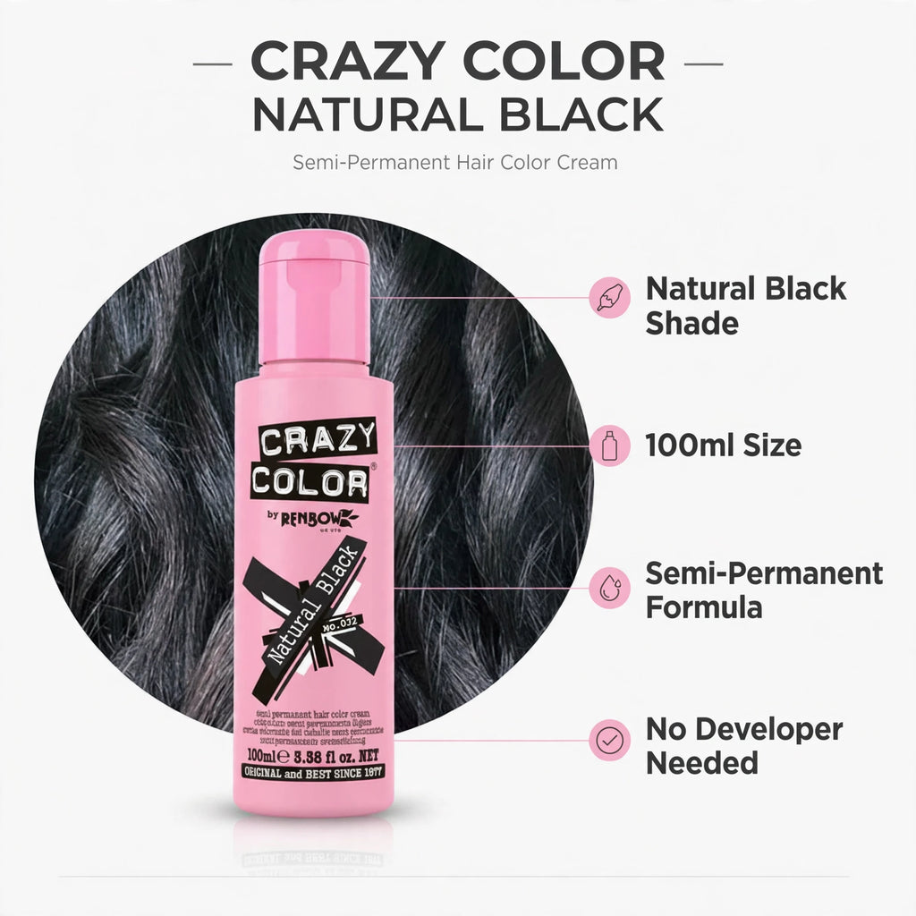 Features of Crazy Color Natural Black Semi-Permanent Hair Dye including shade and formula