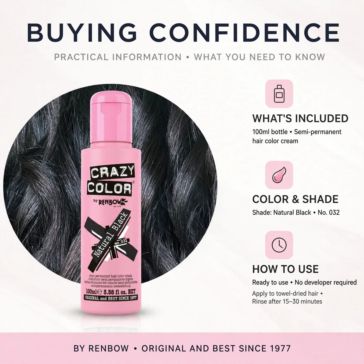 Information on Crazy Color Natural Black Semi-Permanent Hair Dye application and results