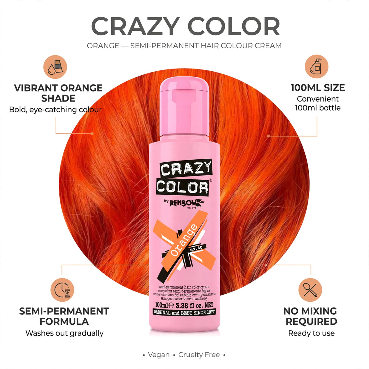 Features of Crazy Color Orange Semi-Permanent Hair Dye including vibrant shade and application method