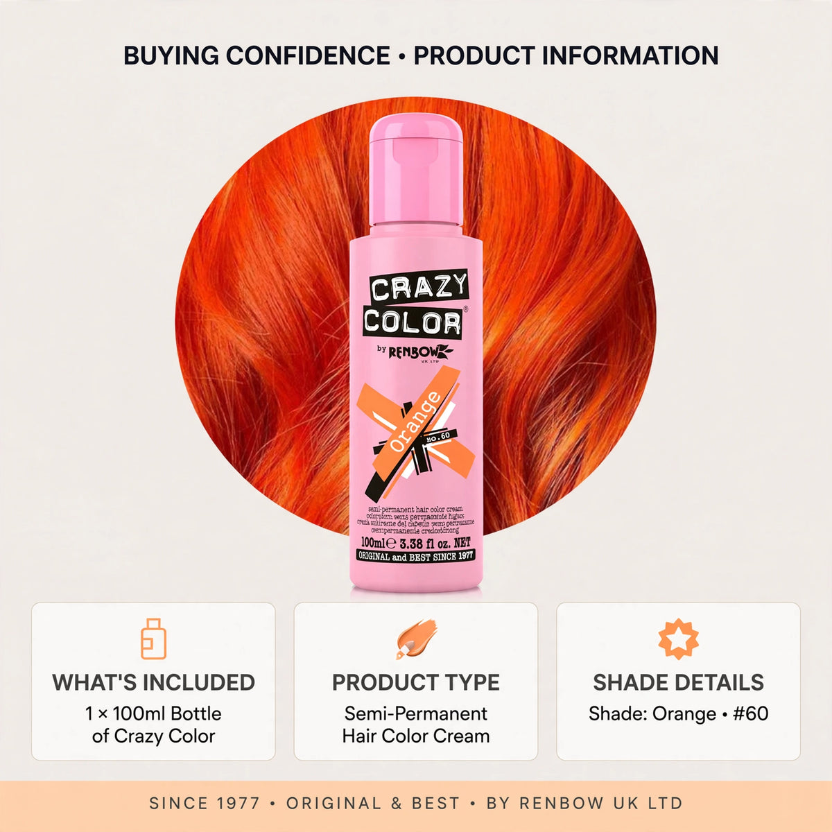 Information on Crazy Color Orange hair dye formula that fades gradually over washes