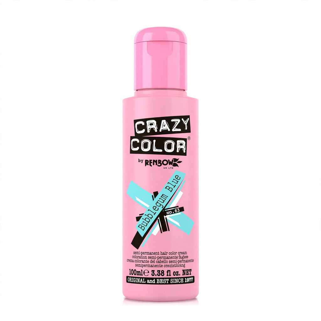 Close-up view of Crazy Color Bubblegum Blue Semi-Permanent Hair Dye tube