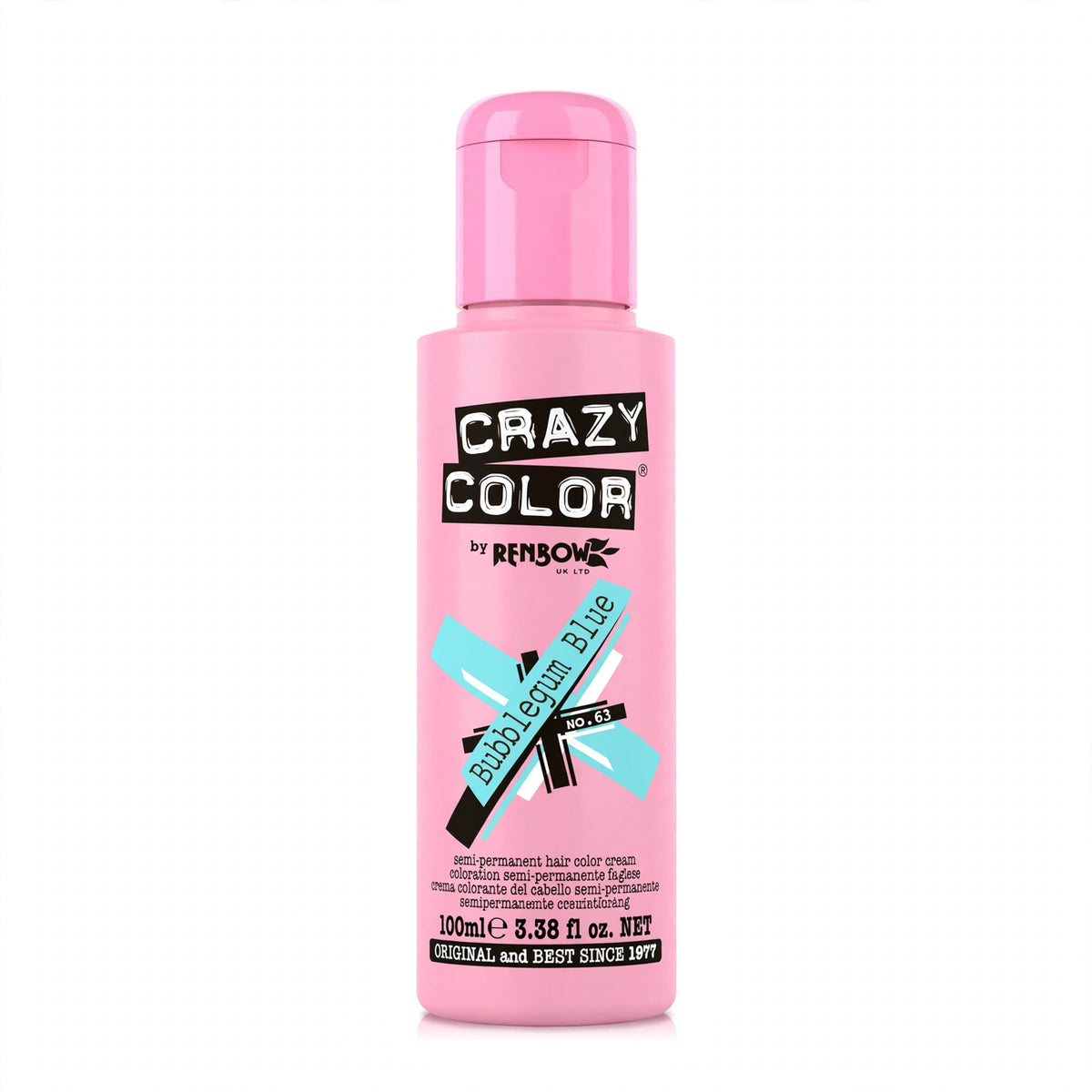 Close-up view of Crazy Color Bubblegum Blue Semi-Permanent Hair Dye tube