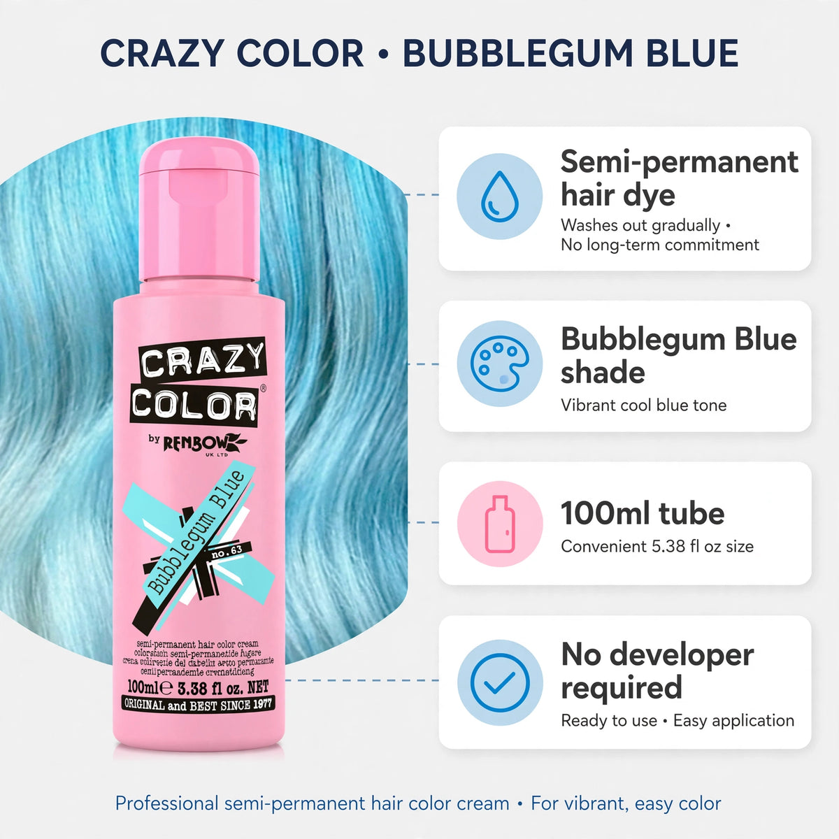 Infographic detailing features of Crazy Color Bubblegum Blue hair dye