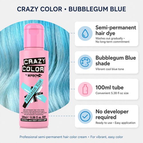Infographic detailing features of Crazy Color Bubblegum Blue hair dye